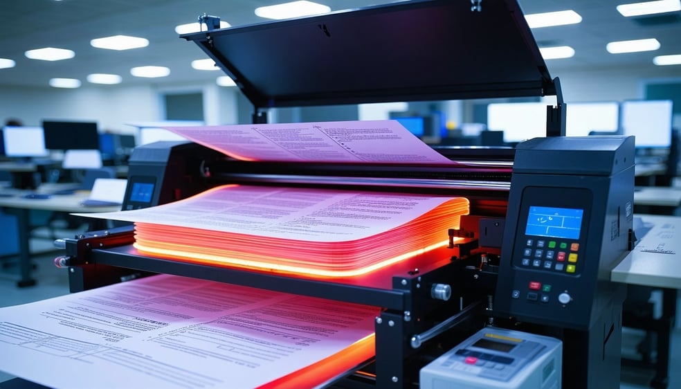 A printer in an office producing hundreds of pages Futuristic neon red and black with hints of orange and purple