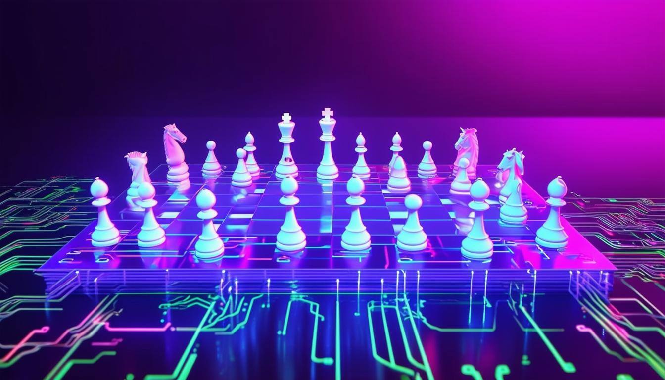 A virtual neon chessboard that looks like a computer chip