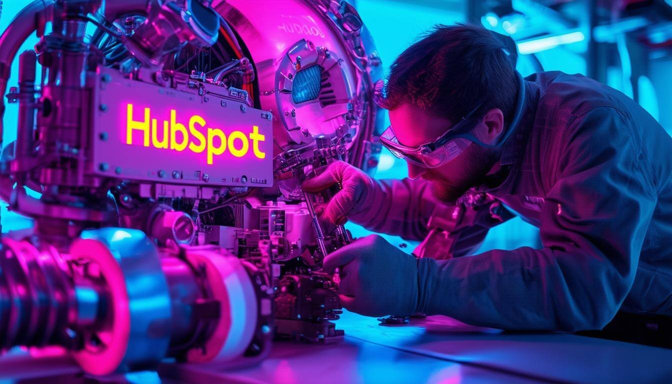 An image of an engineer tinkering with a futuristic spaceship engine that has the HubSpot logo on it