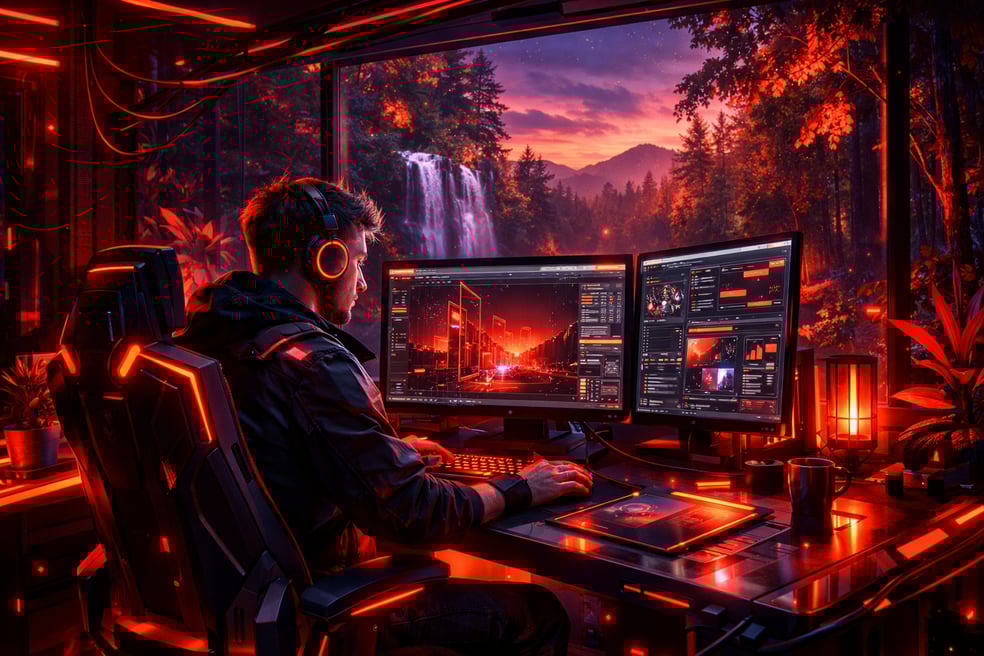 Creative Designer Working Futuristic Neon Red Black Orange Purple Nature Backgro