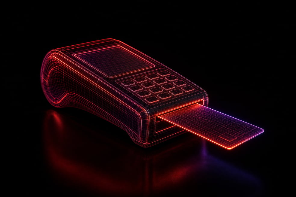 Futuristic Neon Red Credit Card Swipe on Black Background