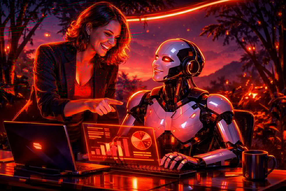 Marketing Manager Directing Android At Desk In Neon Red Black With Orange Purple