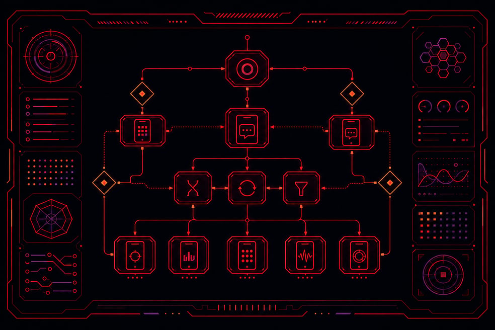 Neon Red SMS Nodes on Dark SciFi Screen