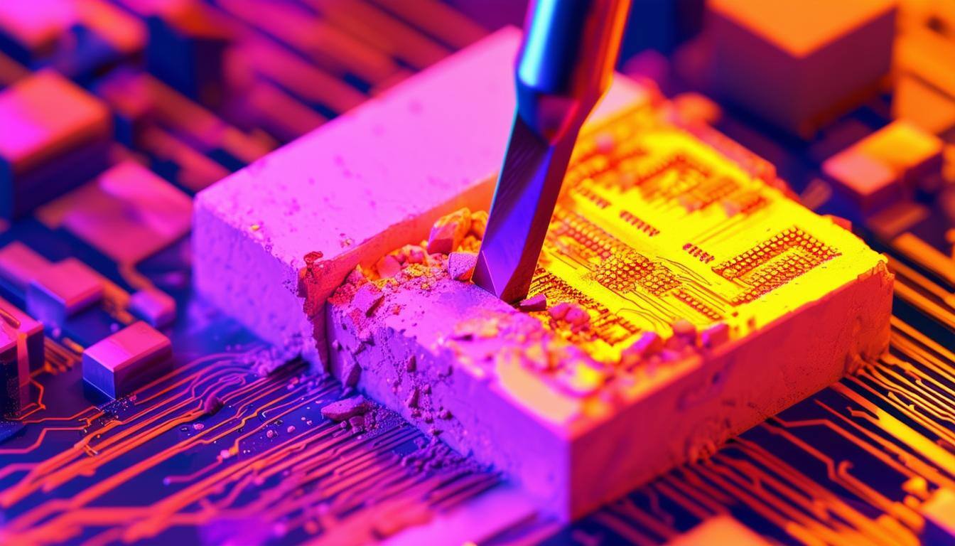 a chisel chipping away at a block of marble to carve it into a computer chip