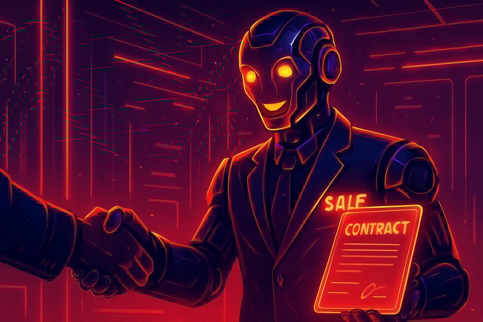 a friendly sales android closing a deal futuristic neon red and black with hints of orange and purple