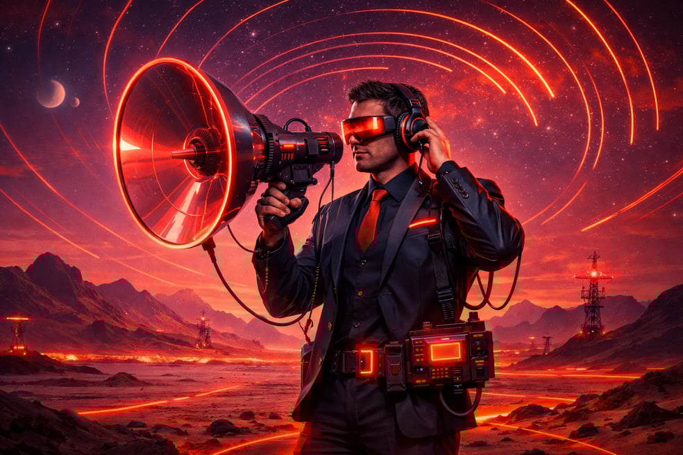 a marketing manager standing in a desert and using a listening device to receive radio signals in futuristic neon red and black with hints of orange a-1