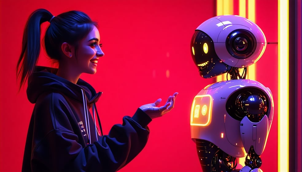 a person having a happy conversation with an android futuristic neon style red and black with hints of orange and purple-Jul-10-2025-04-12-21-1343-AM