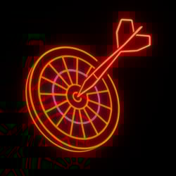 a red neon dart hitting a dartboard with hints of orange and purple  on a black background-4 a red neon dart hitting a dartboard with hints of orange and purple  on a black background-4