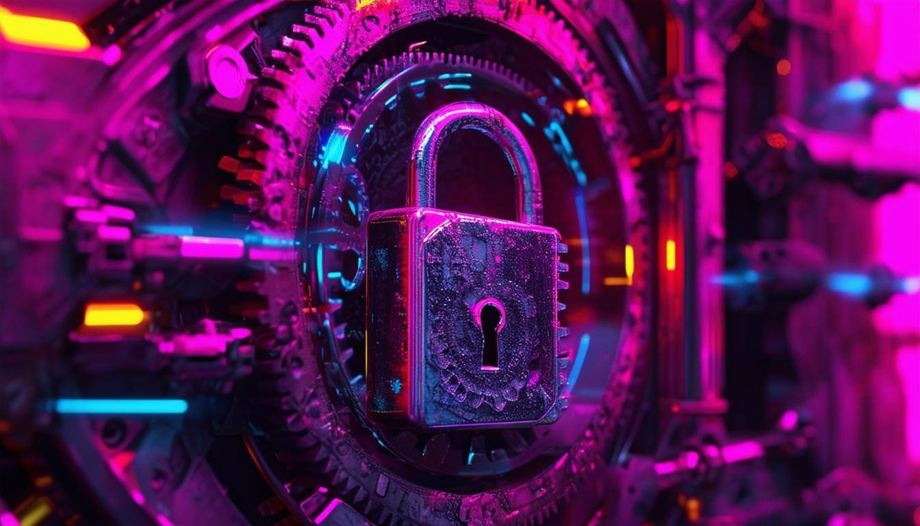 a sequence of five gears connected to an open padlock inside a futuristic machine