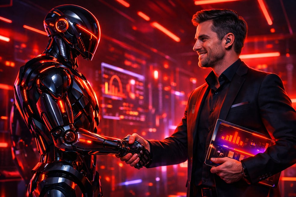 an android and a marketing manager shaking hands in futuristic neon red and black with hints of orange and purple
