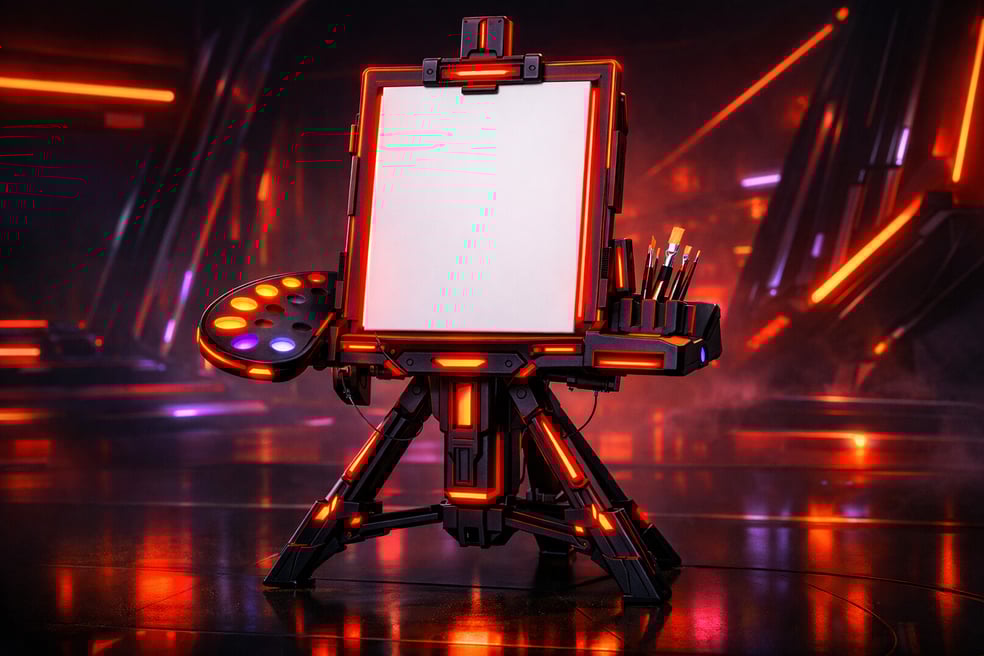 an artists easel in futuristic neon red and black with hints of orange and purple-3