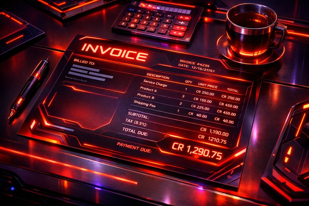 an invoice on a desk in futuristic neon red and black with hints of orange and purple
