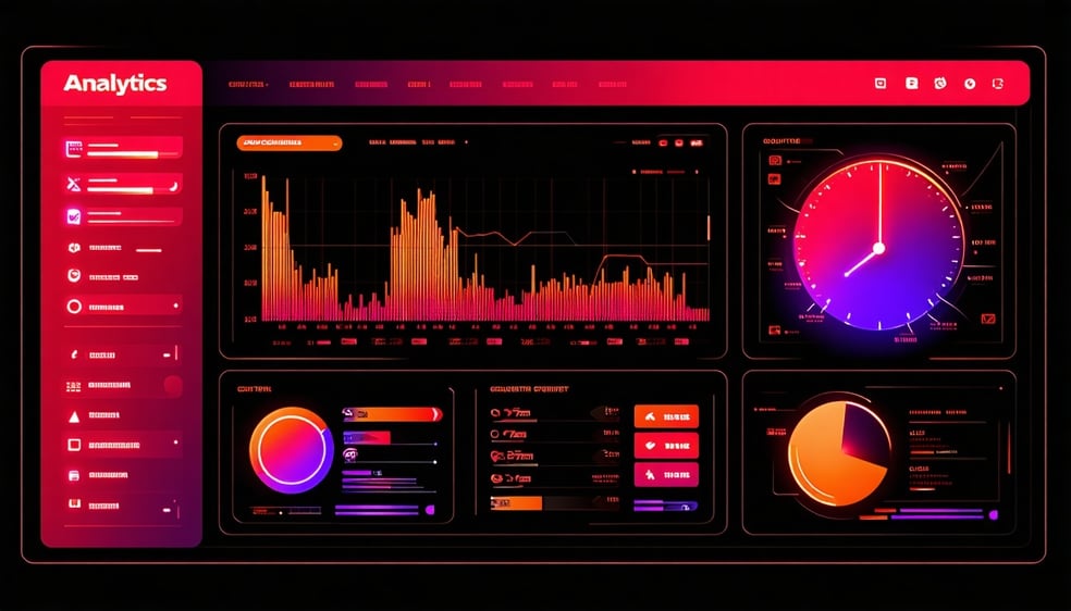 futuristic analytics dashboard neon red and black with hints or orange and purple