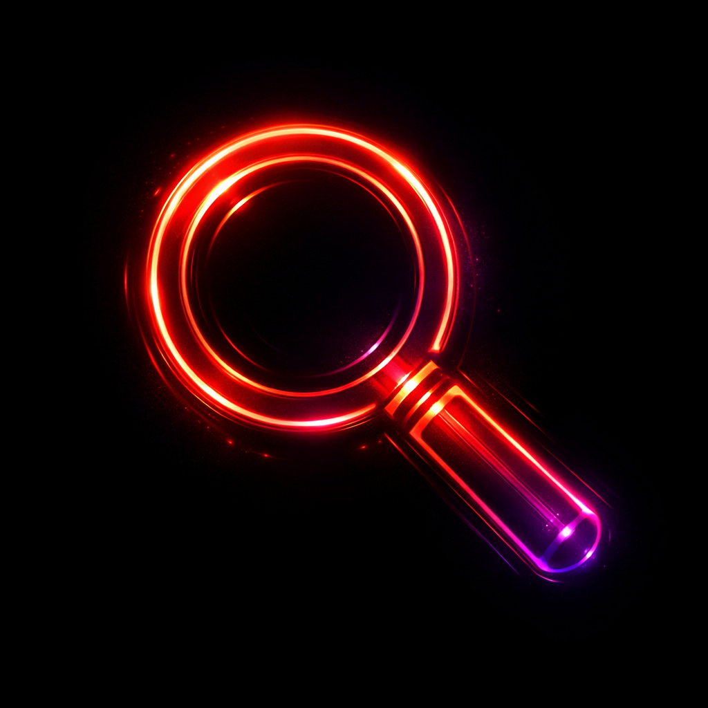  a magnifying glass icon on black background futuristic neon red with hints of orange and purple